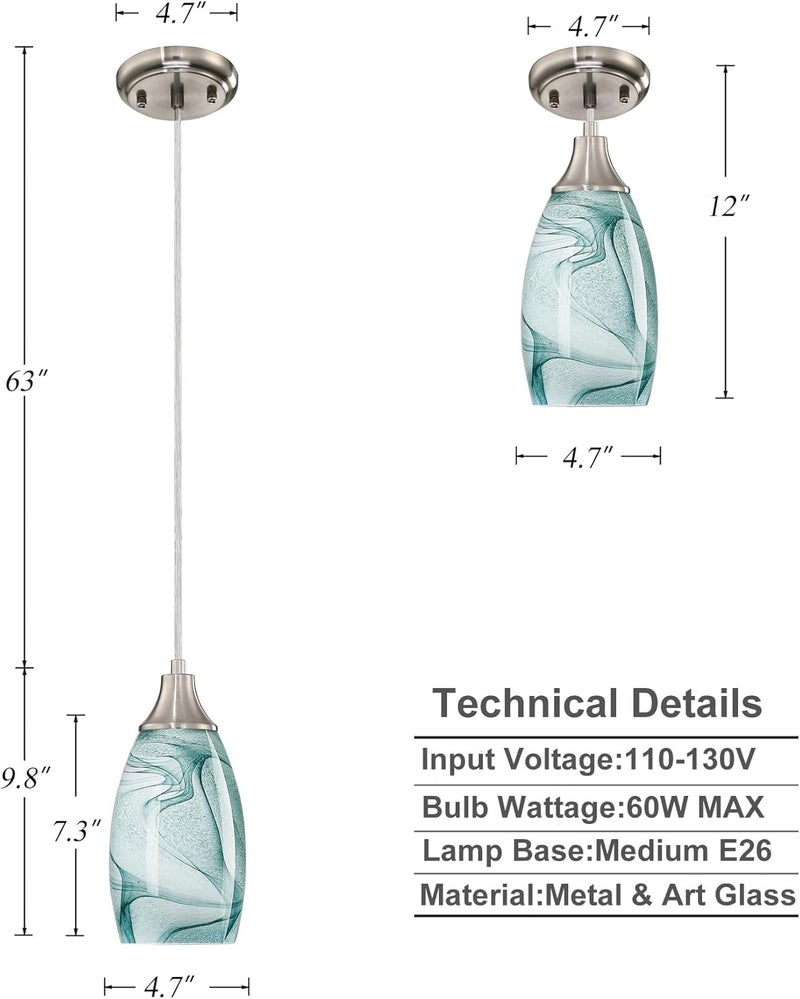 karyfine Mini Pendant Lights Kitchen Island Light Brown Glass Lamp Shade Hand Blown Glass Pendant Light with Brush Nickel Finish Adjustable Cord for Kitchen Over Sink (Green Marble-1Packs) - Image 1